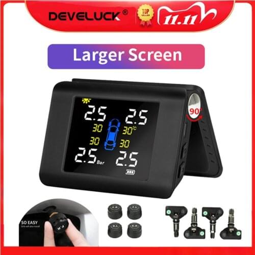 Develuck Tire Pressure Alarm Monitoring System TPMS 4 Built-in or External Sensor Black Auto Wireless Solar Power Charge tpms