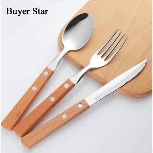 Buyer Star Wooden Handle Stainless Steel Flatware Set Camping Cutlery Place Setting Silverware Fork Knife Spoon Service For 12