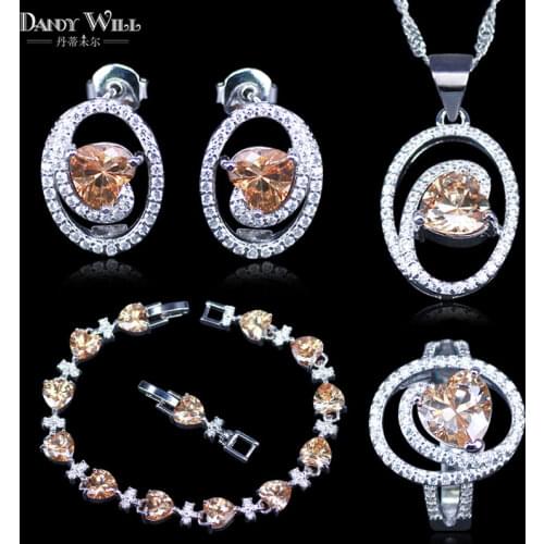 Trendy Attractive Champagne Yellow Heart Square Cubic Zirconia Crystal Silver Color Bracelets Jewelry Set For Women