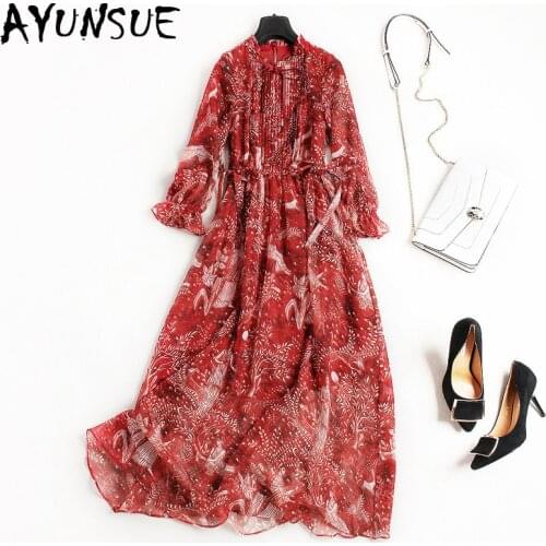 Spring Dress for Womens Temperament Bow Elegant Printing Chiffon Long Sleeve Maxi Dress Party Night Red Dresses Vestidos LW063