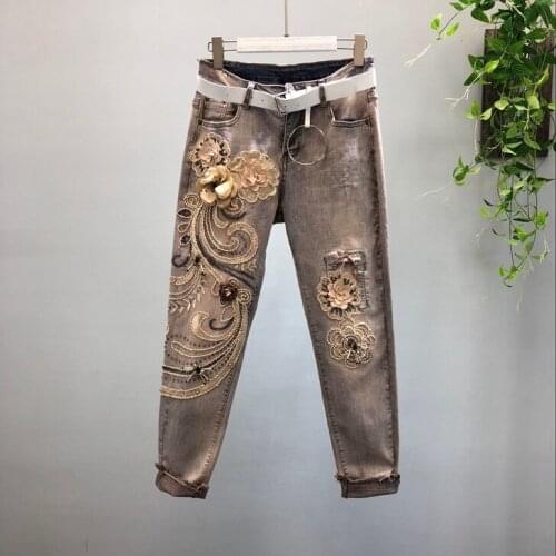 Vintage Jeans for Woman 2020 Spring Winter Heavy Stereo Flower Floral Stickers Elastic Denim Pants Girl Lady Casual Trousers