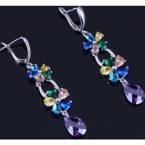 Tantalizing Flower Water Drop Multigem Multicolor Yellow Cubic Zirconia Silver Plated Drop Dangle Earrings V0810