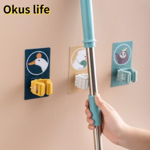 Waterproof Mop Holder Broom Holder Mop Hook No Drill Bathroom Storage Rack Wall Hanger Cartoon Animal Sticker Hook Home Decor