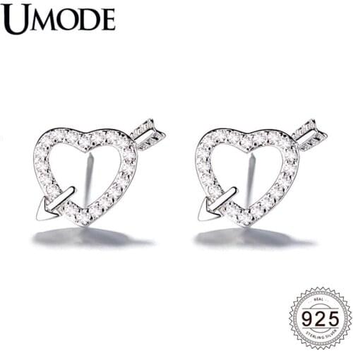 UMODE New 925 Sterling Silver Hollow Heart Arrow Stud Earrings for Women CZ Zircon Birthday Silver Jewelry Brincos ALE0622