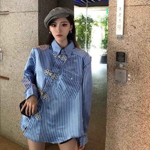 Designer Style Women Blue Striped Asymmetrical Blouse Vintage New Lapel Long Sleeve Loose Fashion Spring Autumn Blouse Tops