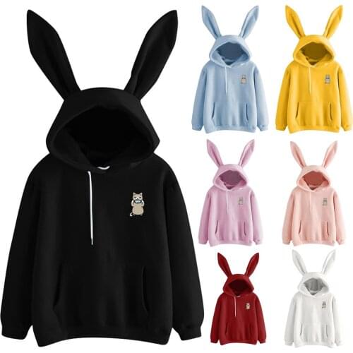 40# Womens Casual Sweatshirt Hoodie Mouthpiece Cat Solid Color Long Sleeve Rabbit Ears Hooded Pullover Top Sudadera Mujer Топ