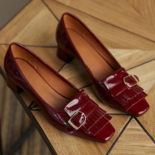 Womens genuine leather thick low heel slip-on pumps fringe metal buckle square toe OL style daily casual comfort heels shoes