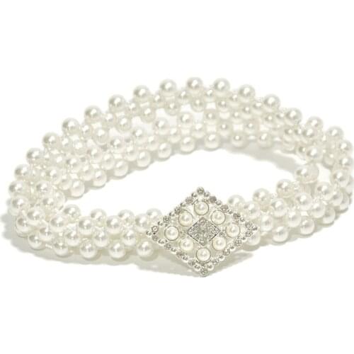 Women Pearl Waist Chain Elastic Block Rhinestone Decor Belt Girls Multi Style Match Dress Waistband For Female 67cm