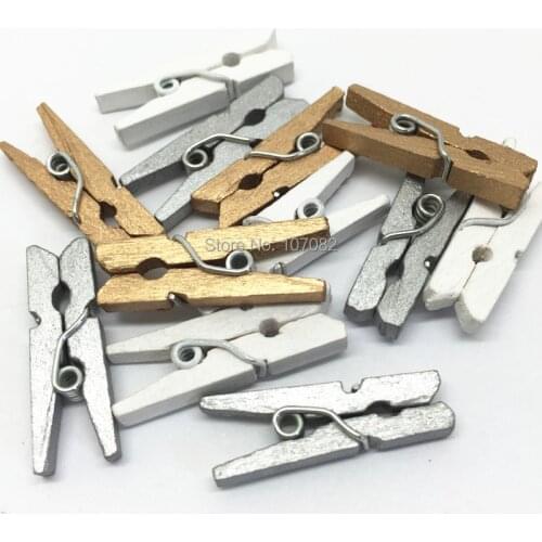1000pcs White Silver and Gold Mixed Mini 25mm Wood Pegs Clothes Pins Clothespins Crafts Christmas Wedding Decoration