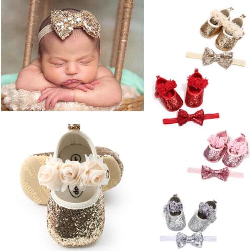 Newborn Infant Baby Girls Boys Summer Crib Shoes 3 Style Sequined Floral Flat With Heel Hook Princess Shoes+Headband 2PCS