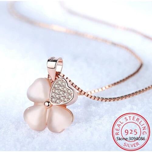 925 sterling silver new ladies fine jewelry high quality pink crystal zirconia flower leaf pendant necklace length 45CM