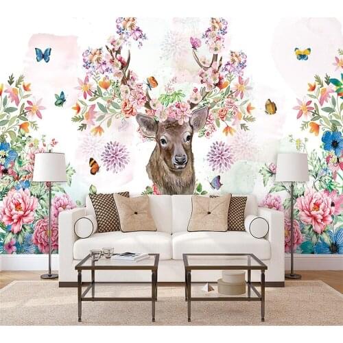 Beibehang Nordic minimalist hand-painted flowers butterfly American deer head flower background wall custom wallpaper mural