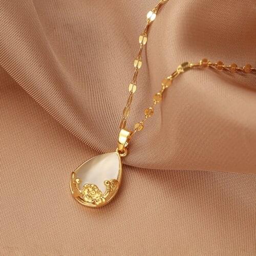 316L Stainless Steel Water Droplets Imitate Opal Pendant Charms Chain Choker Necklace For Women Fashion Fine Jewelry SAN645