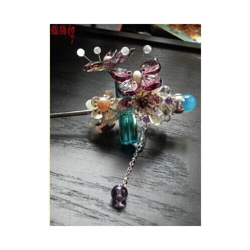 Colored Glaze Heaven Pole Two Butterfly Hair Stick Hanfu Costume Hair Accessory Hair Jewelry
