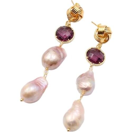 GuaiGuai Jewelry Natural Purple Keshi Pearl Lavender Pearl Crystal Golden Connector Stud Earrings For Women