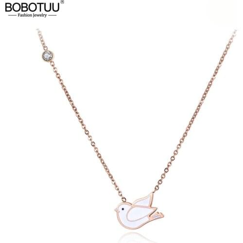 BOBOTUU Titanium Stainless Steel White Glaze Peace Pigeon Choker Necklace Jewelry Lovely Pendant Necklace For Women BN19083