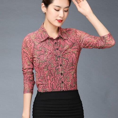 Korean Spring Autumn Fashion Office Women Blouse Shirts , 2019 Womens Female Slim Mesh Floral Long Sleeve Tops And Blouses