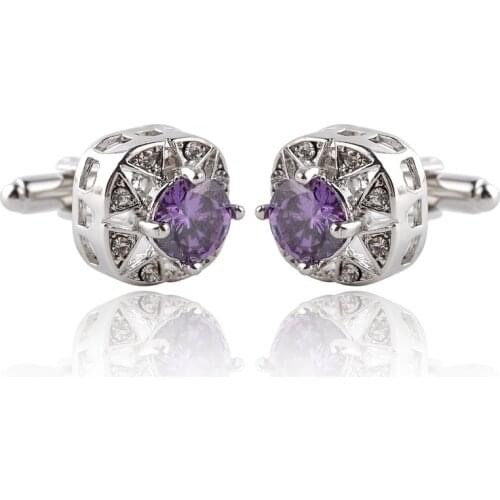 Fashion Luxury Purple Crystal Zircon Round Cufflinks Classic French Shirt Casual Cuff Button Wedding Party Glamour Jewelry Gifts