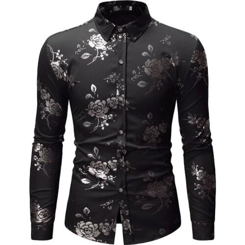 Mens Black Floral Print Dress Shirts 2020 Fashion Slim Fit Long Sleeve Shirt Men Wedding Party Club Prom Shirt Male Chemise