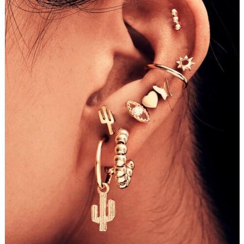 Vintage Mixed Metal Stud Earrings Set For Women Female Gold Circle Crystal Map Heart Cross Small Cuff Clip Fashion Jewelry New