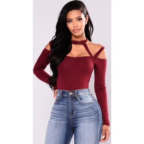 2018 New fashion Womens cold shoulder long Sleeve slim Bodysuit Bodycon halter skinny solid sexy Jumpsuit Playsuit for female