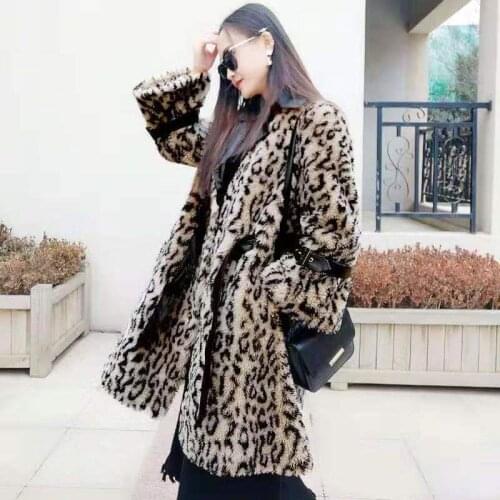 Autumn And Winter New Leopard Print Fleece Faux Fur Coat Women 's Mid-Length Slimming Korean Style Overcoat