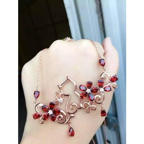 Natural red garnet Necklace natural gemstone Pendant Necklace S925 silver trendy Elegant personality garden Cat women Jewelry