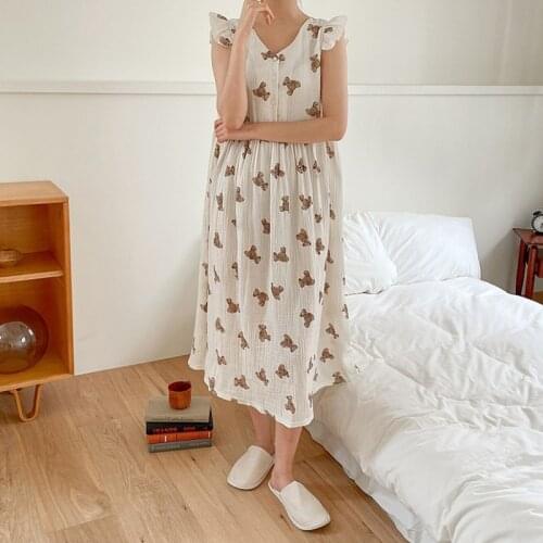 Summer sleeveless homewear cartoon bear sweet women pajama set loose soft breathable crepe cotton sleepwear nightdress Y856