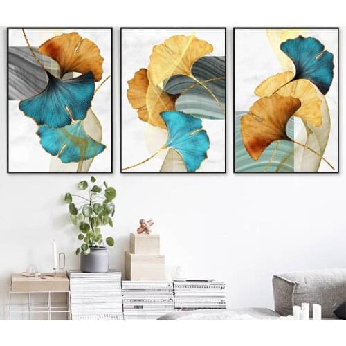 Charm Blue Golden Ginkgo Nordic Modern Style Posters Art Canvas Pictures For Living Room Decorative Painting Unframed