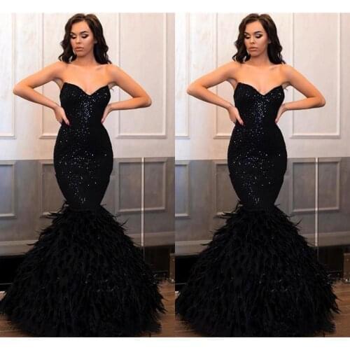 Luxury Black Mermaid Long Prom Dresses with Feathers V-neck Sequined Sexy Evening Party Gowns 2020 robes de soirée