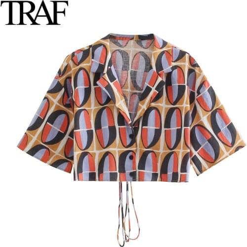 Traf Za Women Fashion Short Sleeve Shirt Summer Back Bandage Vintage Printed Button Up Shirt Chic Office Ladies Tops Mujer