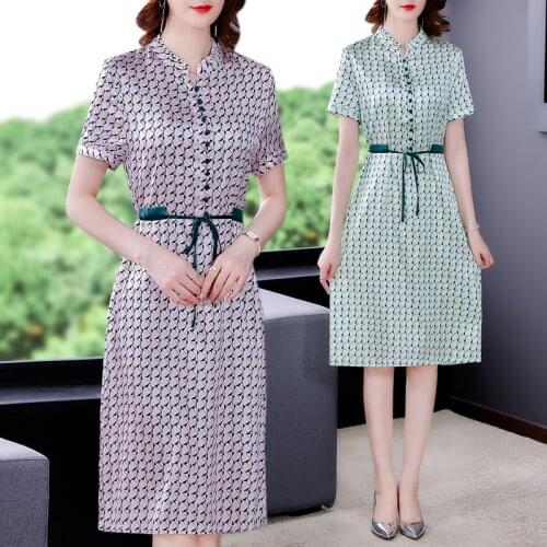 Women Fashion Casual Print Satin Midi Sundress Summer Vintage 5XL Mulberry Silk Beach Dress 2021 Elegant Bodycon Party Vestidos