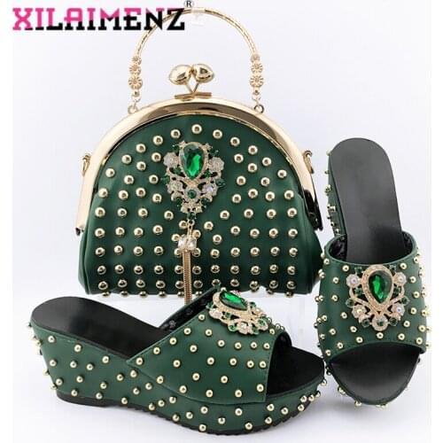 Comfortable Heels African Women Shoes and Bag Set in Teal Color Nigerian River Design Shoes Matching Bag for Wedding Party