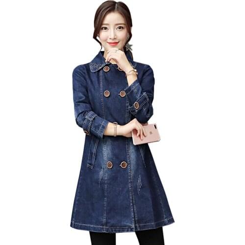 Women Denim Jacket 2021New Spring Autumn Plus Size Double breasted Windbreaker Coat Female lapel Casual Outcoat Lady Jackets