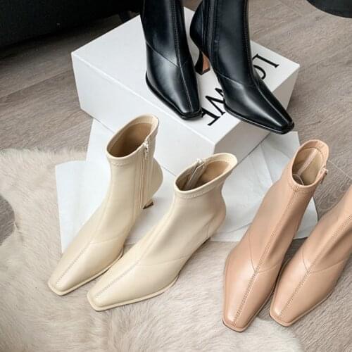 Trending Stretch Microfiber Leather Women Booties Black Nude Beige High Heels Ankle Sock Boots Woman Size 33-41 Fall Autumn Shoe