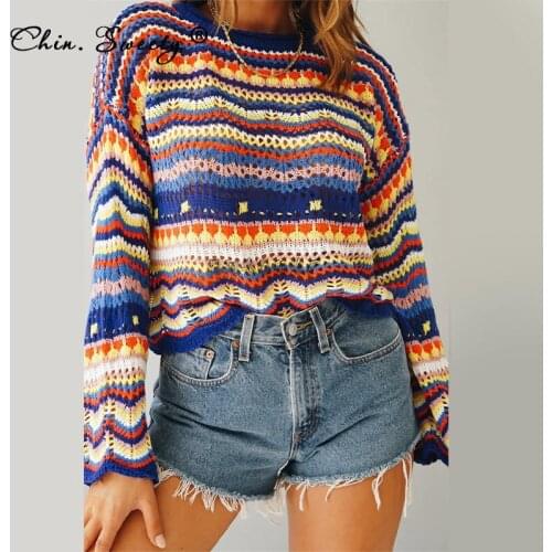 Womens Knitted O-neck Long Sleeve Sweaters 2021 Autumn Winter Patchwork Hollow Out Panelled Pullovers Female Loose Fashion Tops