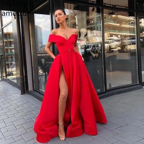 Custom Shoulder Sexy 2020 New Prom Dresses With Pockets Red Vestidos De Formal Women Party Front Split Satin Gowns Plus Size