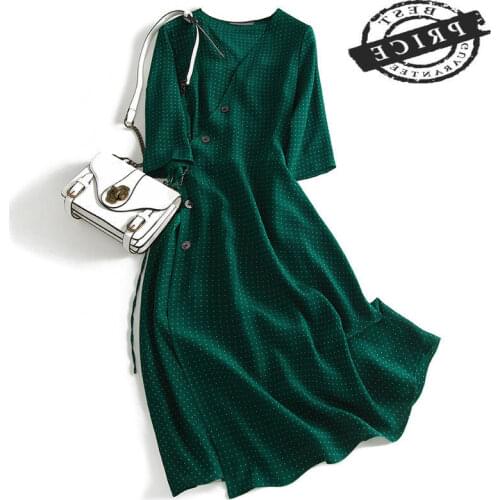 Women Silk Summer Long Dress Vintage Real Silk Dot Print Maxi Dresses 2021 Korean Spring New Clothes Green Vestidos 3312