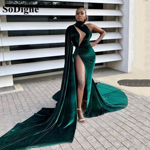 SoDign Caftan Mermaid Formal Evening Dresses Sexy Side Split 2021 High Neck Dark Green Velvet Long Prom Party Gowns Women