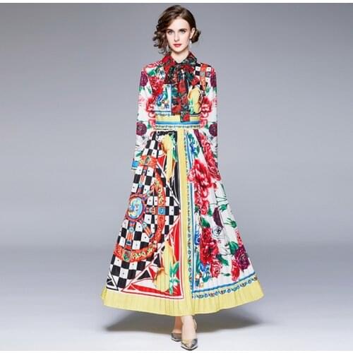 Elegant Floral Maxi Dress Women Turn Down Collar Full Sleeve Flower Print Holiday Summer Autumn Long Party Vintage Vestidos