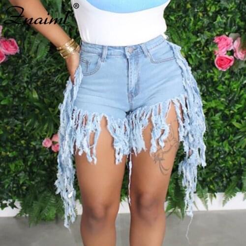Znaiml Tassel Mini Jeans Streetwear Denim Shorts For Women Summer Hid Waist Ripped Shorts With Tassel Pockets Mini Short Jeans