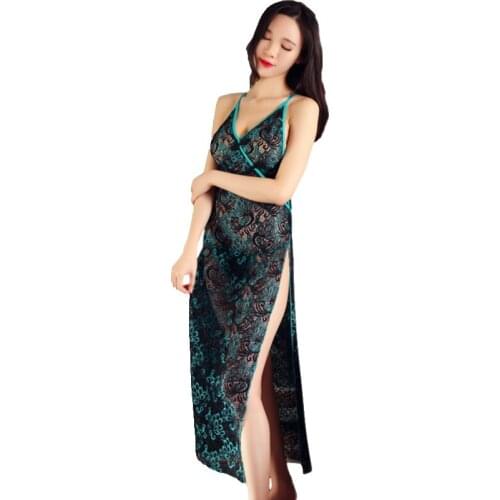 Satin bathrobe Backless Gowns Sexy Lace Cheongsam nightgown silk Slit V-neck See-though Night Gown Night Dress Sleepwear