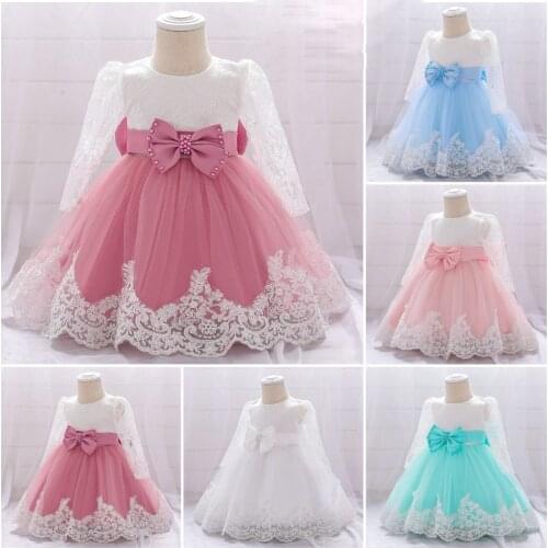 FOCUSNORM 5 Colors Infant Baby Girl’s Dress Long-sleeved Hollow Lace Mesh Big Bow Ankle Length Tutu Party Princess Dress