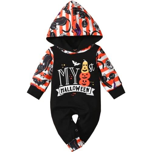 FOCUSNORM Halloween Lovely Baby Girls Boys Jumpsuits 0-24M Cartoon Printed Hooded Long Sleeve Rompers Outfits Holiday