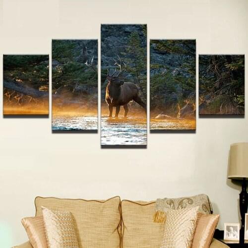 JIE DO ART 5 Panel Animal Deer Canvas Wall Art Picture Landscape Canvas Painting Modern Living Room Decorative