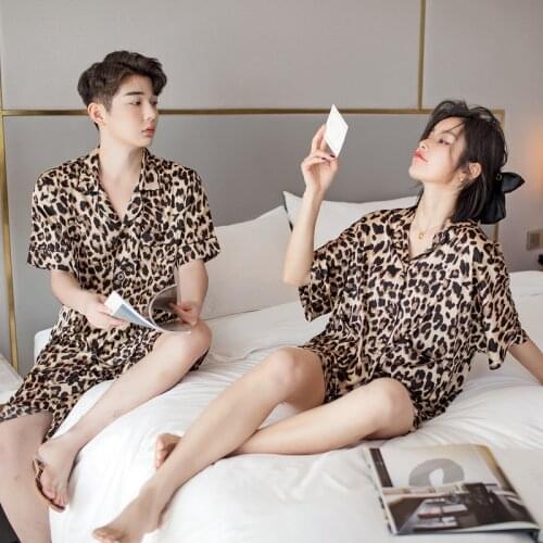 Summer Couple Pajamas Set Men Women Short Sleeve Shorts Sleepwear Leopard Print Satin Sleepwear pijama pyjama
