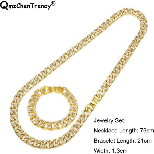 Unisex Hip Hop Jewelry Sets Miami Cuban Link Chain Necklace & Bracelets Heavy Bling Full CZ Punk Curb Chains Gold Silver Plated