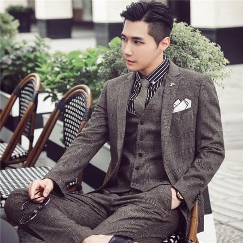 3 Pieces Suits Plaid Wedding Dress Suits For Man Blazers Jackets+Pants+Vest High Quality Blue Plaid Suits Male Formal Wear Suits