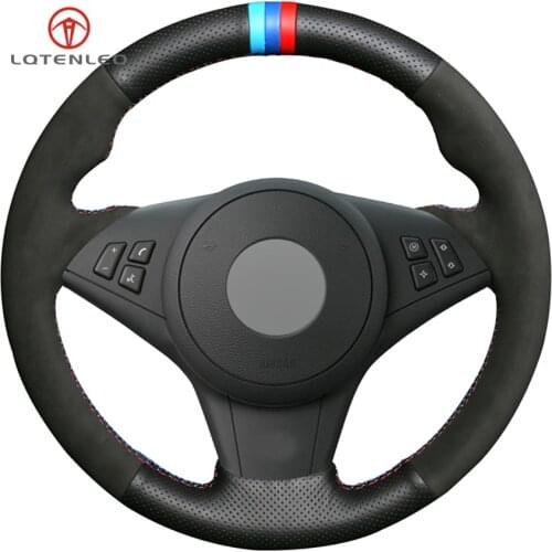 LQTENLEO Black Leather Suede DIY Car Steering Wheel Cover for BMW M5 E60 E61 (Touring) 2005-2010 M6 E63 (Coupe) E64 2005-2010