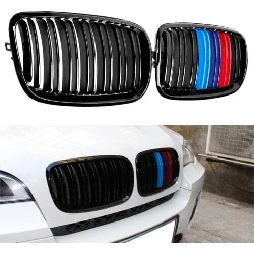 A Pair Gloss Black M Color Double Slat Kidney Grill Grille Front Bumper Grill For BMW E70 E71 E72 X5 X6 2007-2013 Racing Grill